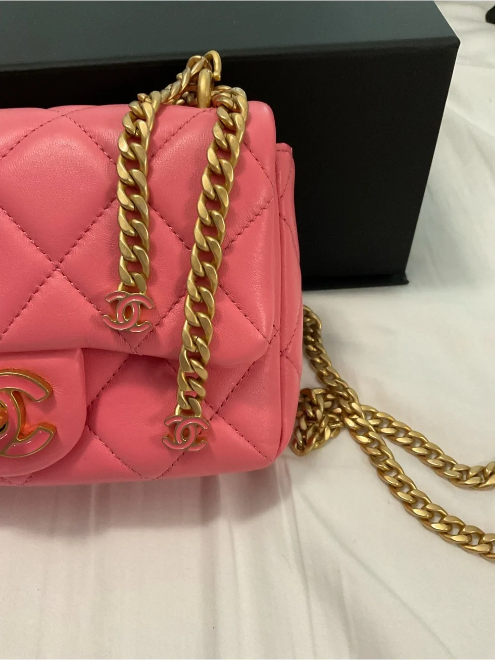 22P Pink Enamel Lambskin Quilted Pending CC Small Square Flap Aged Gold Hardware